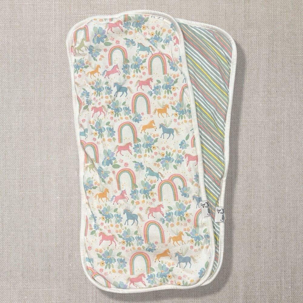 Copper Pearl Whimsy Burp Cloths Set of 2 Unicorn Rainbow Floral Cotton 21x10